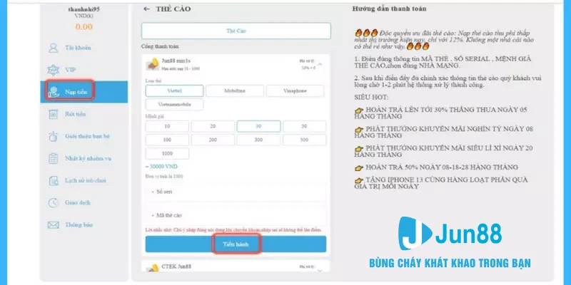 Thông tin nạp tiền Jun88 cần chính xác và đầy đủ 100%